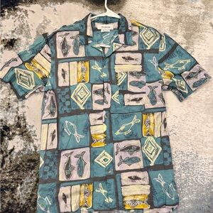 Urban Outfitters Teal Fish & Geometric Print Button-Down Shirt